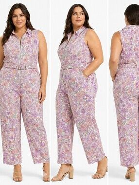 Skies Are Blue Floral Sleeveless Belted Jumpsuit in Lavender and Peach